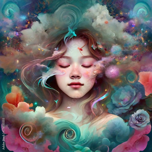 Fantasy portrait of a beautiful girl with closed eyes surrounded by colorful flowers.