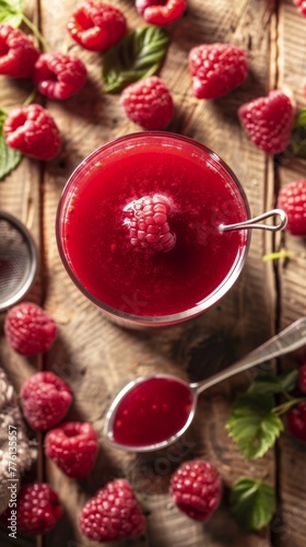 A bright red raspberry smoothie stands out among a scattering of fresh, juicy raspberries and leaves in a natural, rustic setting on a wooden table.