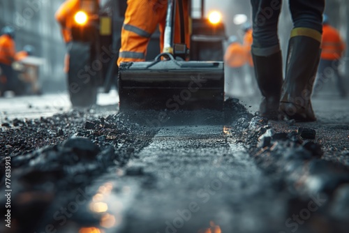 Construction Worker during Asphalting Road Works. repair and reconstruction of asphalt. eliminating holes and damage. city workers against the backdrop of city houses laying new asphalt at sunset photo