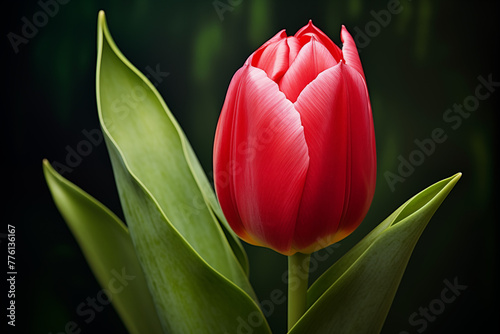 Against a backdrop of lush green foliage, the red tulip bud petals waiting patiently to a fully blossomed flower #776136167