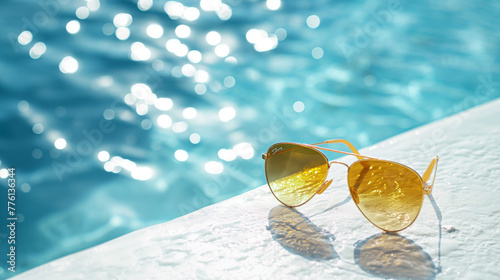 The same stylish golden-yellow lens sunglasses now resting on the edge of a swimming pool with vivid reflections