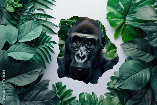 A captivating image of a gorilla s face peeking through vibrant green tropical leaves  evoking a wild and natural feel