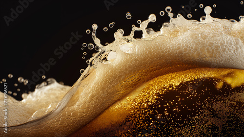 Macro shot capturing the dynamic overflow of foam and bubbles in a glass of beer with a dark backdrop