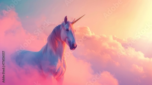 Portrait of unicorn on rainbow sky background with copy space, fantasy magic unicorn creature on dreamy colorful pink rainbow background sky