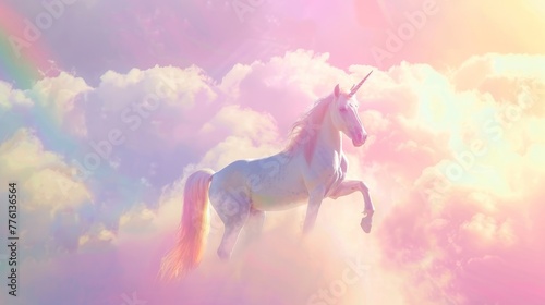 Portrait of unicorn on rainbow sky background with copy space  fantasy magic unicorn creature on dreamy colorful pink rainbow background sky.