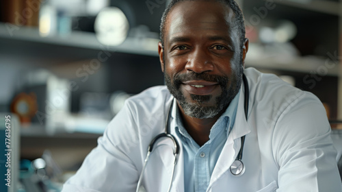 Friendly doctor in a lab coat with a stethoscope around his neck smiling warmly.