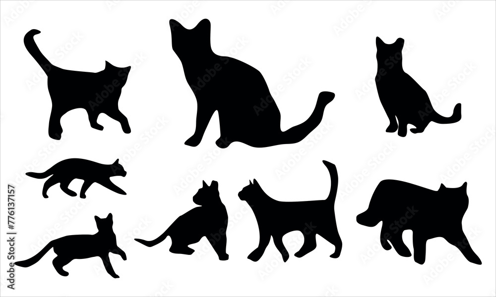Cat silhouette with various expressions set of 8 vector illustration