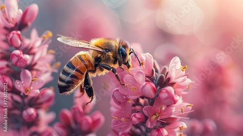 a bumble bee flies over the beautiful pink flower, a beautiful garden. Generated AI.  © Stallonechris