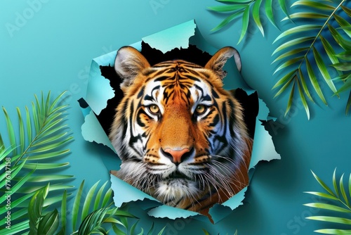 A realistic tiger appears to break through a crisp teal paper background decorated with green foliage