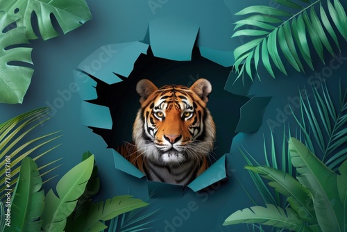 An enigmatic tiger emerges from shadows into a ring of tropical leaves on a dark background photo