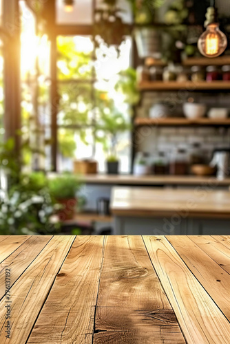 Wooden table is in front of counter with several potted plants on it.