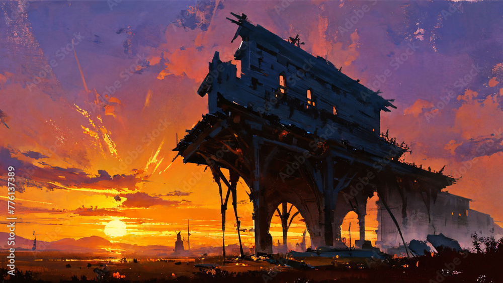 Obraz premium Scene of medieval urban fantasy, Digital art painting, loosely speed painting.