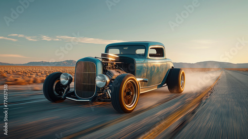  Lowered hot rod car speeds along a deserted road. photo