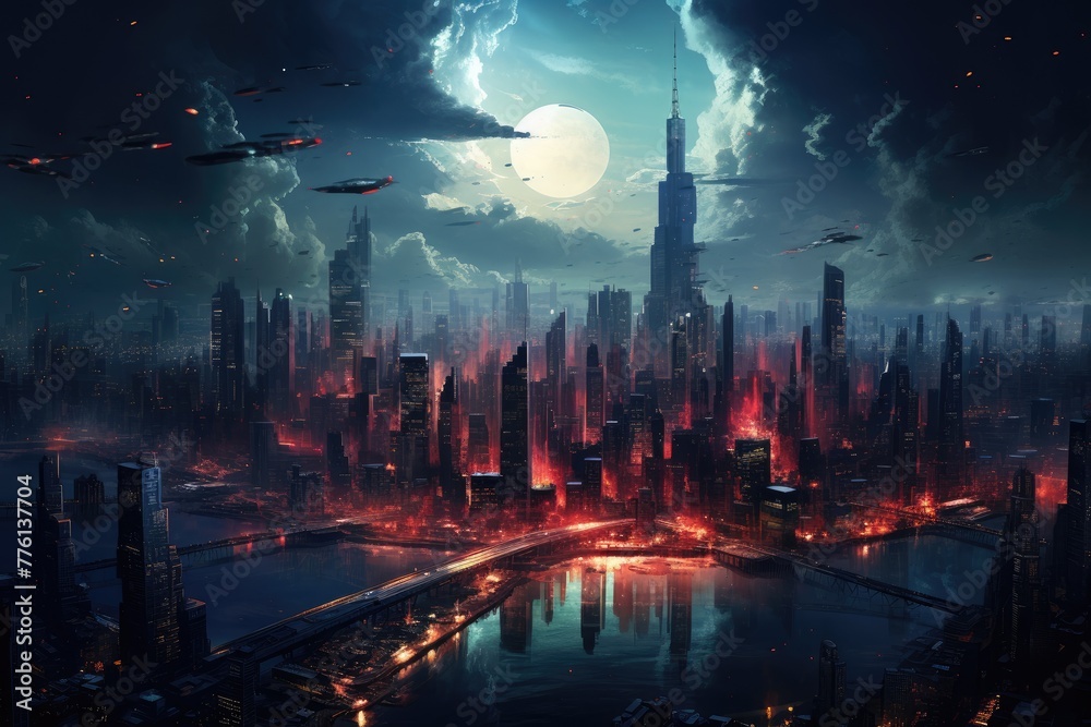 A sprawling cityscape with glowing lights at night,skyscrapers illuminate the futuristic cityscape,  AI generated