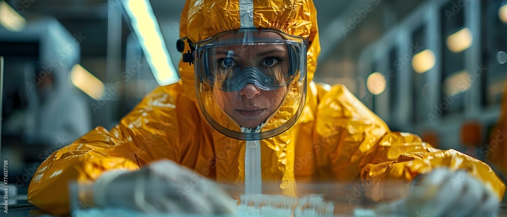 Fototapeta premium Working with hazardous materials in a high-security lab: A scientist in a hazmat suit creating a suspenseful atmosphere. Concept Hazardous Materials, High-Security Lab, Scientist in Hazmat Suit