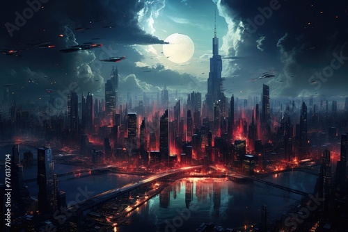 A sprawling cityscape with glowing lights at night skyscrapers illuminate the futuristic cityscape   AI generated