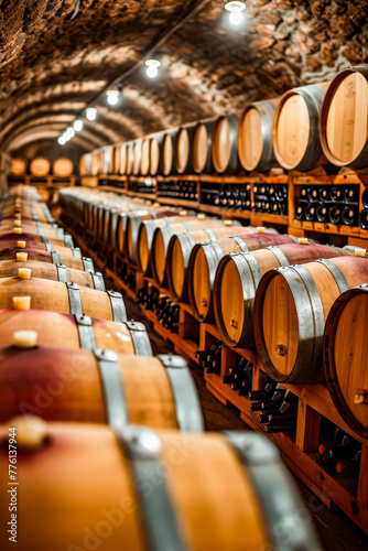 Barrels of wine are stacked on top of one another in cellar creating impressive display.