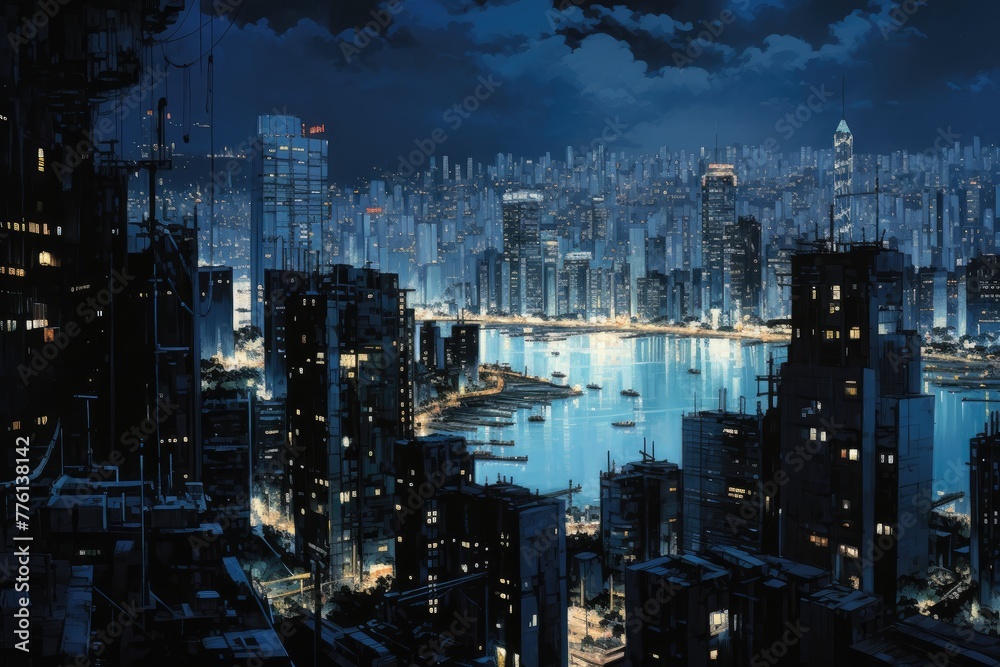 A sprawling cityscape with glowing lights at night,skyscrapers illuminate the futuristic cityscape,  AI generated