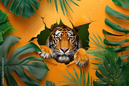An attention-grabbing image of a tiger bursting through an orange paper background with green leaves