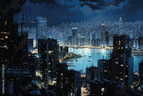 A sprawling cityscape with glowing lights at night,skyscrapers illuminate the futuristic cityscape,  AI generated © Tanu