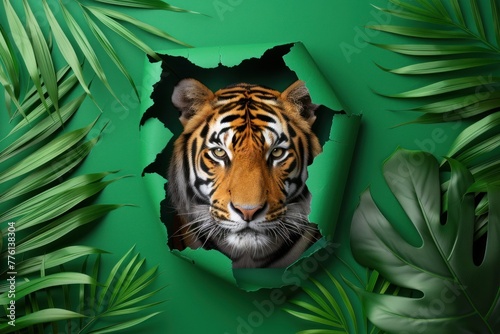 Dramatic composition featuring a tiger tearing through a green paper background surrounded by foliage