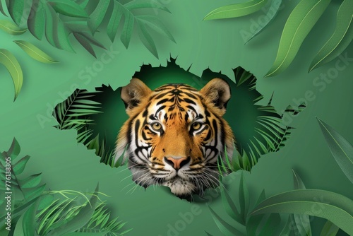 This striking image features a tiger s head peeking from a paper hole  bordered by artistic leaf illustrations