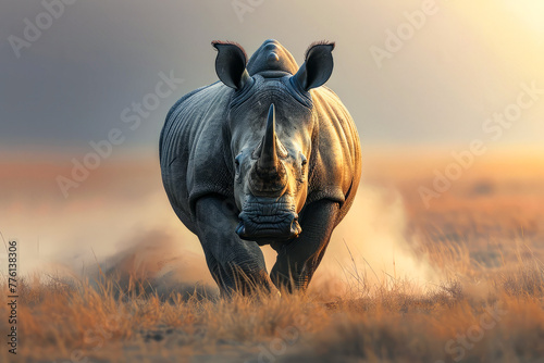 Rhino is running through field of dry grass.