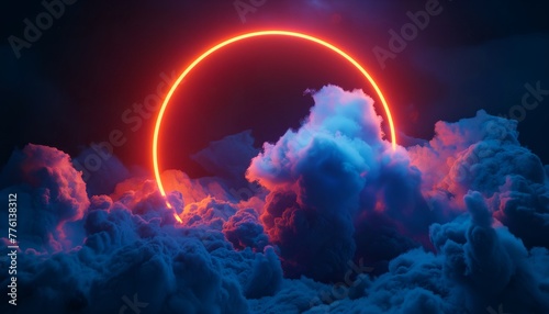 3d render, abstract cloud illuminated with neon light ring on dark night sky. Glowing geometric shape, round frame