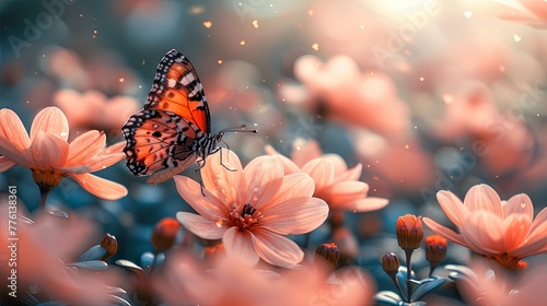 a beautiful butterfly flies over the beautiful pink flower, a beautiful garden. Generated AI. photo