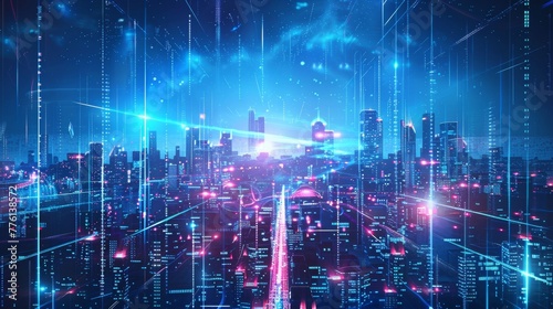 cityscape with space and neon light effect. Modern hi-tech, science, futuristic technology concept. Abstract digital high tech city design for banner background © pinkrabbit
