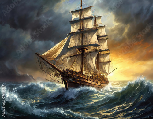 A majestic 17th century sailing ship on a stormy ocean in the evening sunset photo