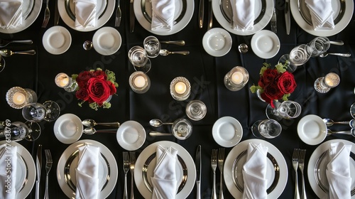 An overhead shot capturing the meticulous arrangement of place settings at a prestigious dinner event for business executives, where every detail, from the folded napkins to the polished silverware photo