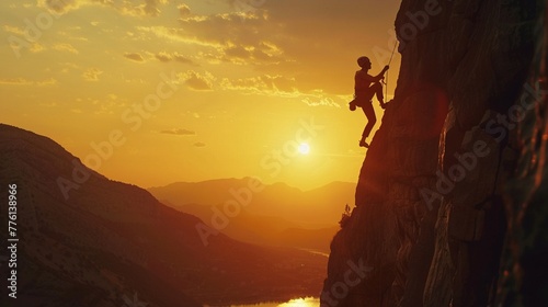 Extreme Sport: Climbing a Rock Face at Sunset