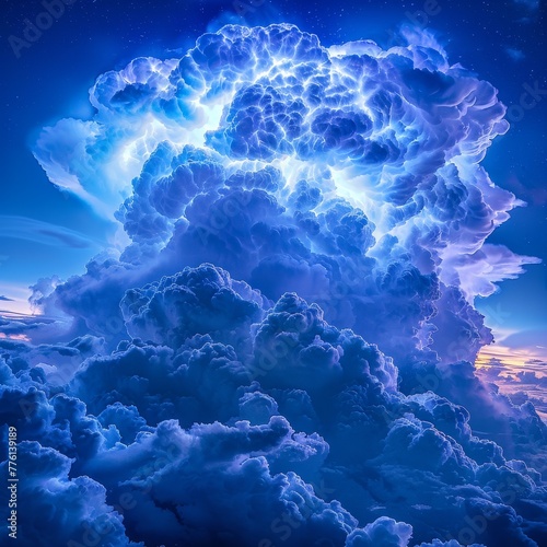 An awe-inspiring view of massive thunderstorm clouds illuminated from within against a twilight sky dotted with stars.