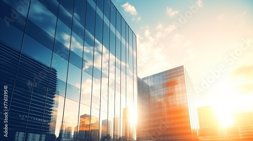 Modern office building or business center. High-rise window buildings made of glass reflect the clouds and the sunlight. empty street outside wall modernity civilization. growing up business