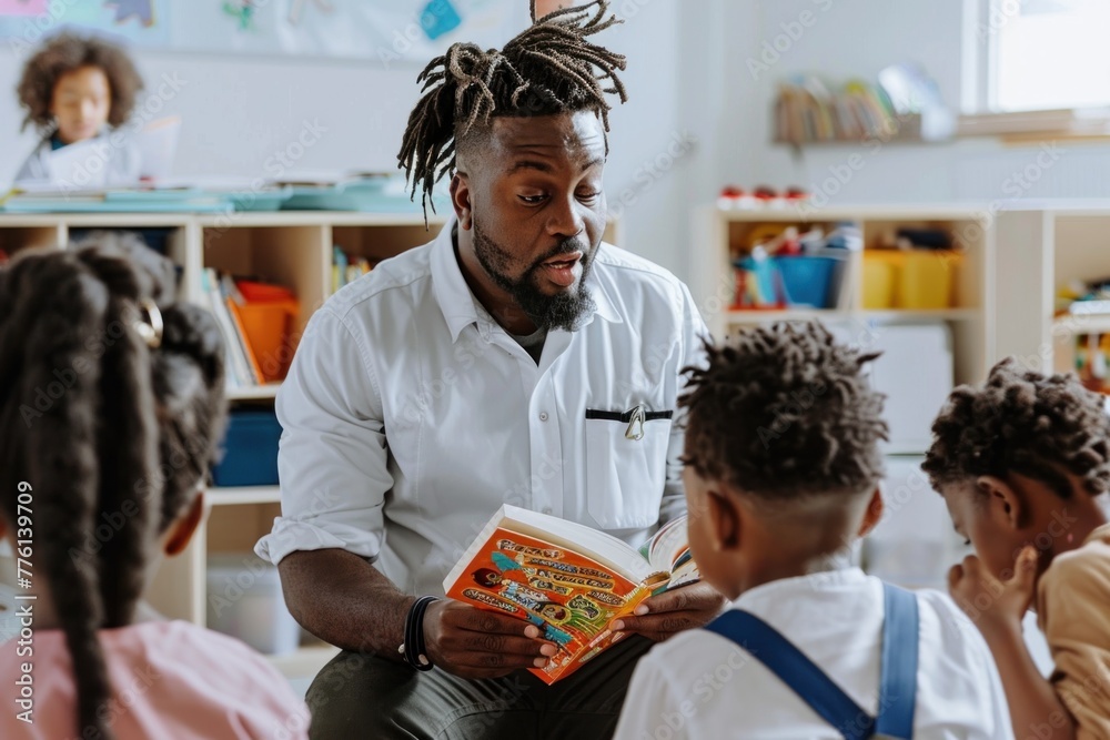 African male teacher reading a book to attentive students. African male teacher reading a book to attentive students.