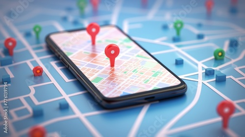 Smartphone with map, 3D Map pins, GPS, navigator pin checking points, 3D World Map icon, technology and application mobile smart phone with mobile, delivery tracking, transportation, generate by AI.