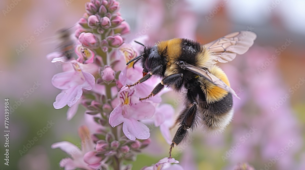 a bumble bee flies over the beautiful pink flower, a beautiful garden. Generated AI. a bumble bee flies over the beautiful pink flower, a beautiful garden. Generated AI.