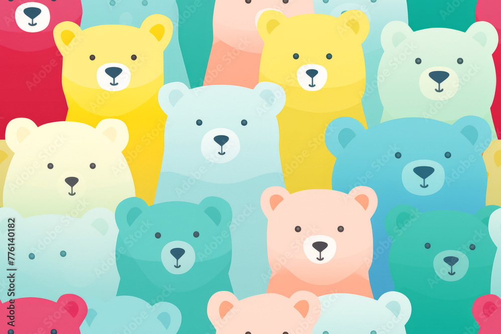 Seamless Pattern of Cute Bears: Vector Illustration Featuring Colorful Bears in a Flat Design Style with Pastel Colors, Shadowless, and Cartoonish Characters