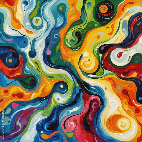 Abstract canvas painting filled with whimsical swirls, vivid colors, and a playful dance of patterns.