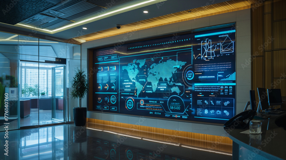 Futuristic Control Room with Interactive Data Screens, Corporate Technology Futuristic Control Room with Interactive Data Screens, Corporate Technology