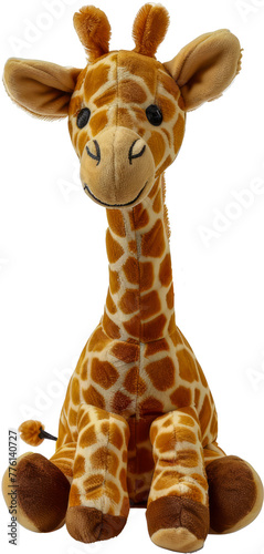 Smiling giraffe plush toy with long neck and patterned coat sitting isolated cut out on transparent background