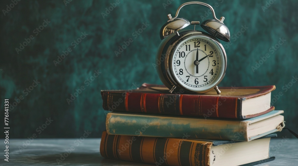 An elegant snapshot showcasing a traditional alarm clock paired with neatly organized textbooks on a polished gray surface. An elegant snapshot showcasing a traditional alarm clock paired with neatly organized textbooks on a polished gray surface.