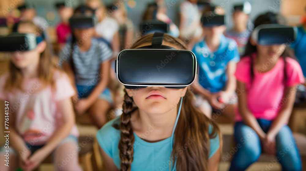 Group of schoolchildren in a school class are sitting during a lesson wearing virtual reality glasses. Concept of VR technology and Futuristic education.