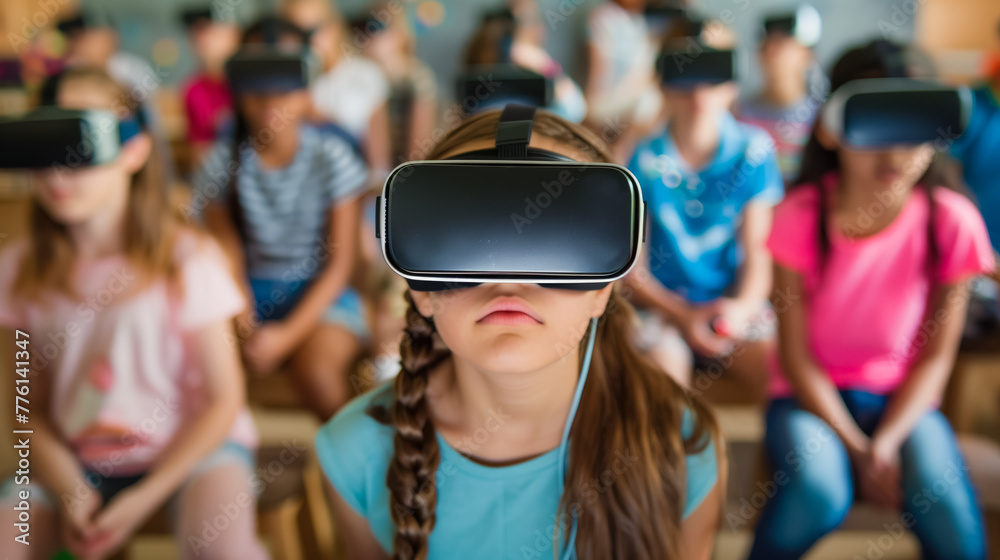 Group of schoolchildren in a school class are sitting during a lesson wearing virtual reality glasses. Concept of VR technology and Futuristic education. Group of schoolchildren in a school class are sitting during a lesson wearing virtual reality glasses. Concept of VR technology and Futuristic education.