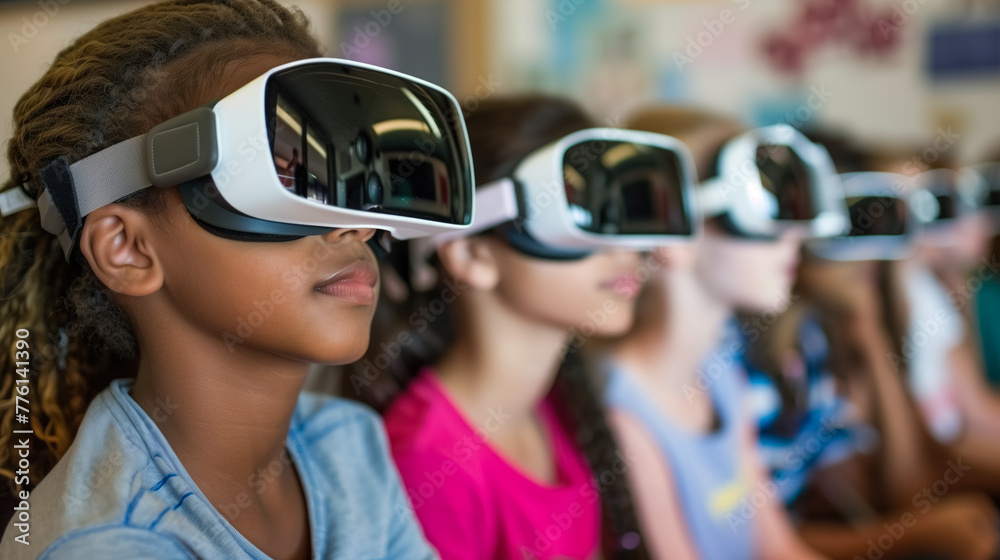 Group of schoolchildren in a school class are sitting during a lesson wearing virtual reality glasses. Concept of VR technology and Futuristic education. Group of schoolchildren in a school class are sitting during a lesson wearing virtual reality glasses. Concept of VR technology and Futuristic education.