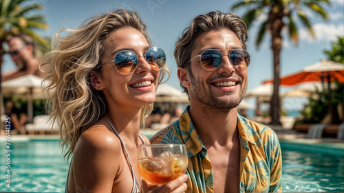 Couple in summer at hotel pool with cocktails wearing sunglasses. Holidays resort, travel and vacation concept #776141325