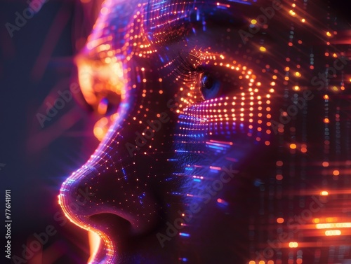 Face of AI, lines of code and light, digital human, future tech