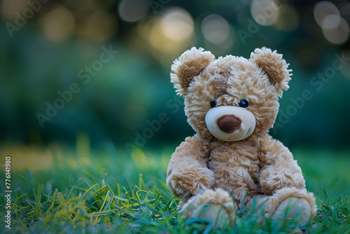 A teddy bear is sitting on the grass. Generative AI © Keattipoom