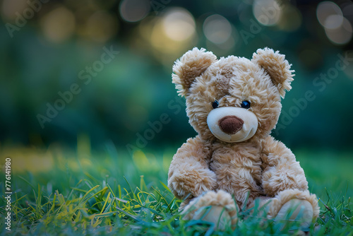 A teddy bear is sitting on the grass. Generative AI